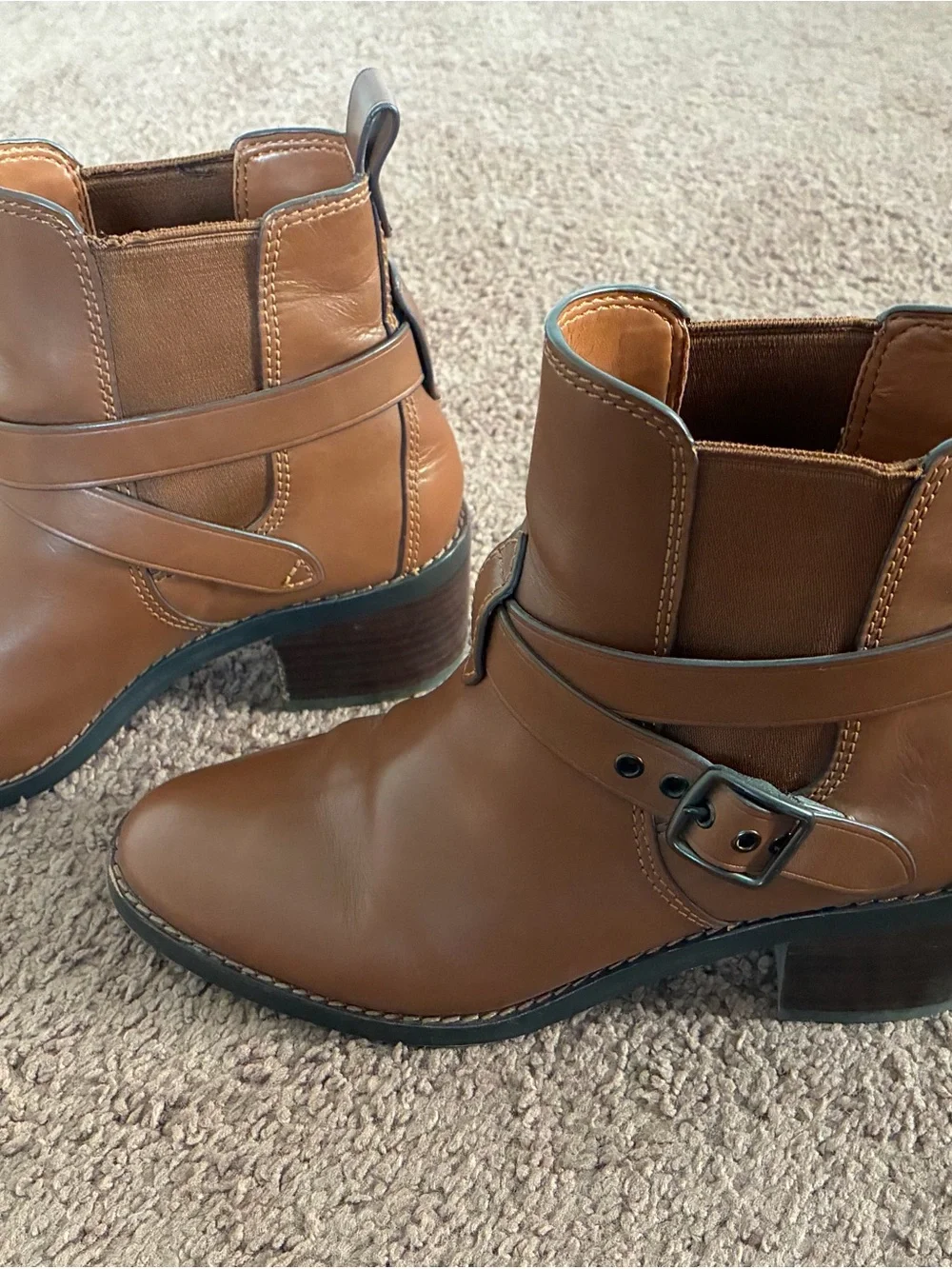 Coach Tan Leather Ankle Booties with Wrap Strap and Buckle